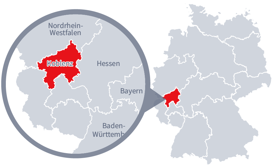 Diese Grafik zeigt eine Karte von Deutschland mit einer detaillierten Ansicht der Region Koblenz. Koblenz ist in Rot hervorgehoben und liegt im südwestlichen Teil Deutschlands. Ein Lupensymbol vergrößert diesen Bereich, um die Lage genauer darzustellen.